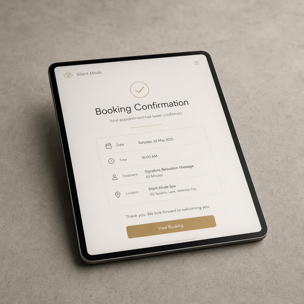 Tablet auf Betonoberfläche zeigt eine elegante Buchungsbestätigung im Silent Mode